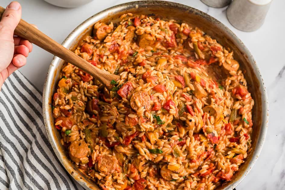 Spicy Cajun Chicken Sausage Orzo Recipe (20 Minutes)