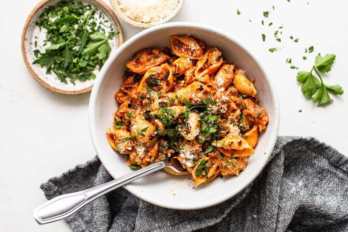 Ground Turkey Pasta with Tomato Cream Sauce